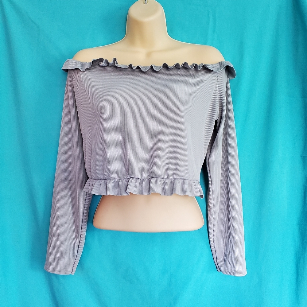 Womens Boohoo Gray Long Sleeve Ribbed Stretch Lightweight Crop Top Size 14